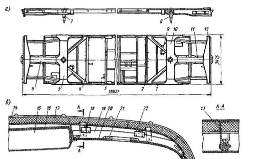Рис. 5 Рама (а) и потолок (б) кузова моторного вагона электропоезда: 1 - продольная балка; 2, 3, 4 - промежуточные поперечные балки; 5, 10 шкворневые балки; 6, 11 - хребтовые балки; 7, 8 шкворни; 12 - буферный брус; 13 - стальные дуги; 14 - гофрированные листы обшивки; 15 - вентиляционный канал; 16 - асбестовый лист; 17 - термоизоляционные плиты; 18, 21 рейки продольные; 19 - деревянные дуги; 22 - продольные брусья